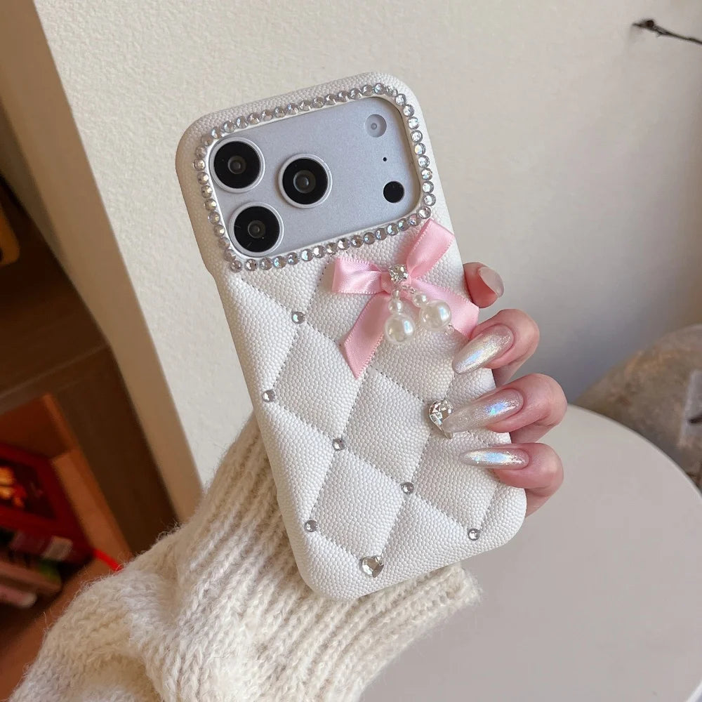 Luxury Quilted Pearl Bow Phone Case