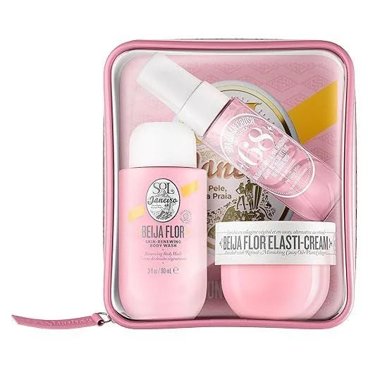 Sol De Janeiro Beija Flor 3-Piece Body Care Gift Set - Elasti-Cream, Body Wash & Cheirosa 68 Mist with Pink Pouch
