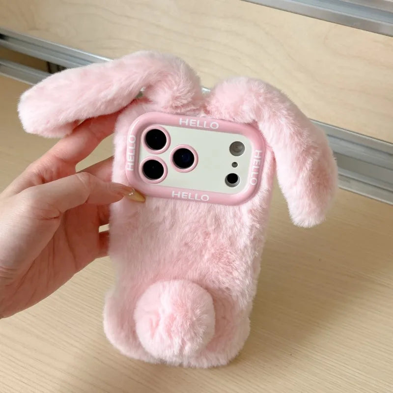 3D Fluffy Bunny Ears Phone Case With Lanyard