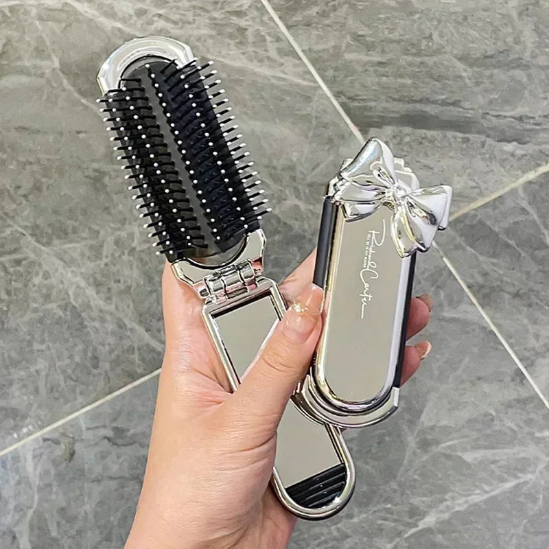 New Sliver Bow Folding Combs with Mirror Air Cushion Comb Diamond Bling Rhinestone Hair Brush Makeup Tool Cosmetic Travel Pocket