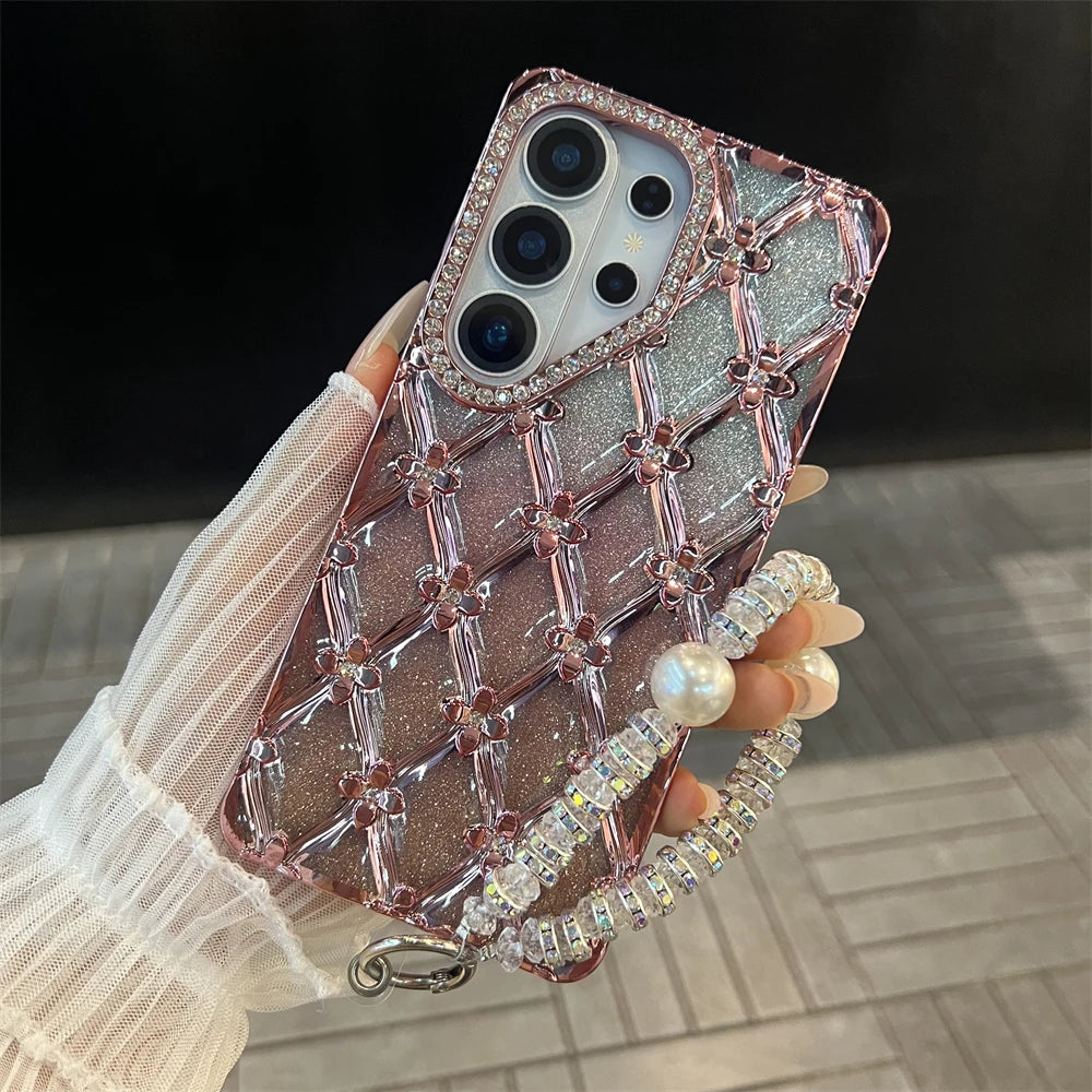 Samsung | Rhinestone Pattern Clear Case With Wrist Pearl Strap Bracelet