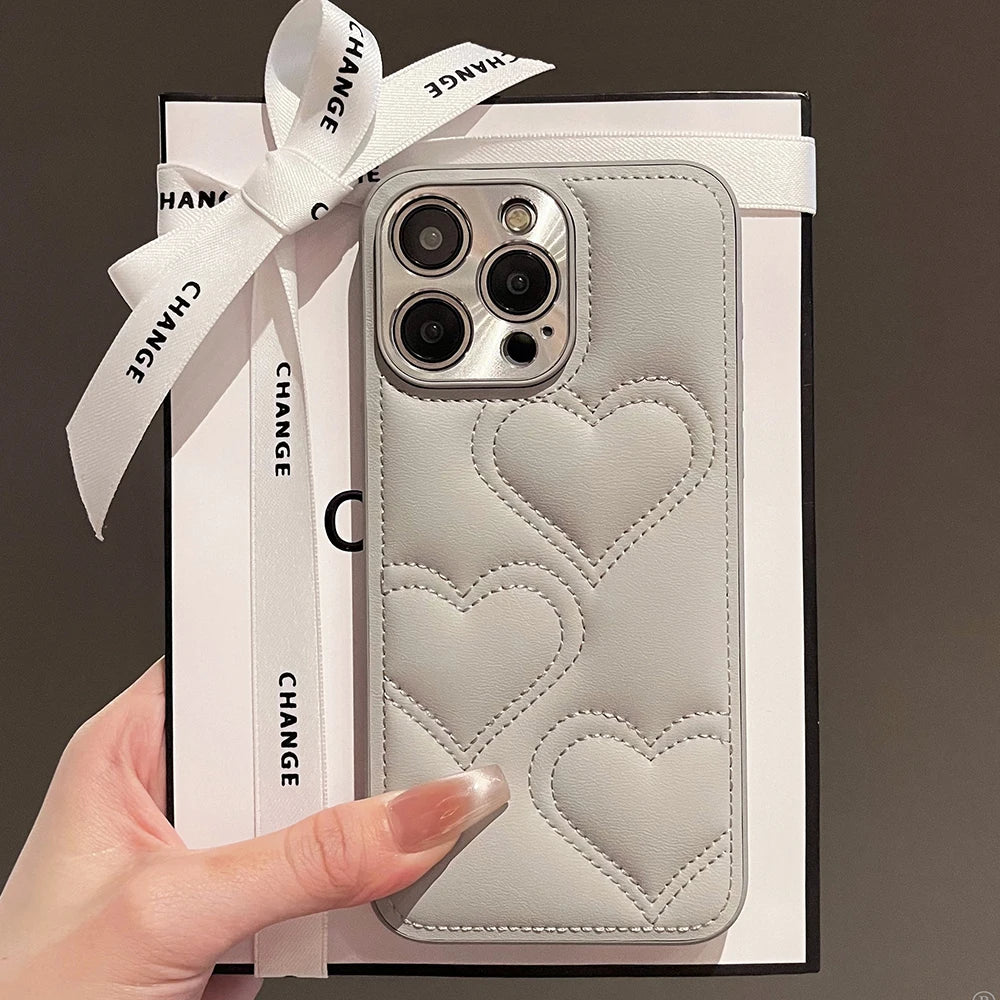 Luxury Heart Embroidered Leather Phone Case