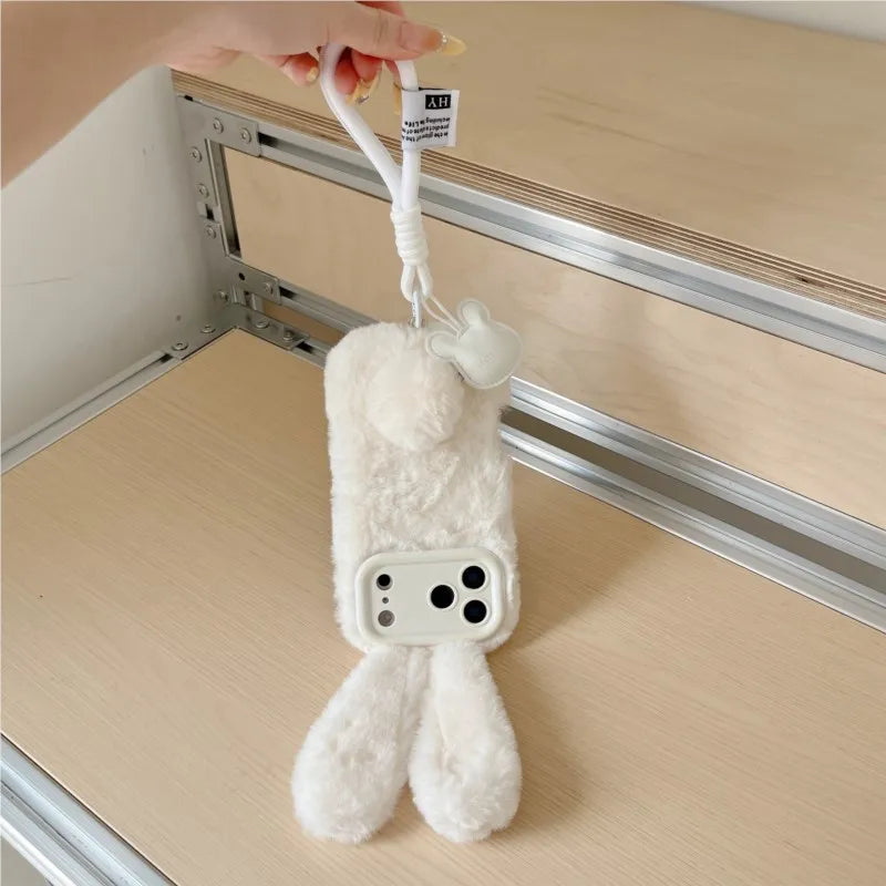 3D Fluffy Bunny Ears Phone Case With Lanyard