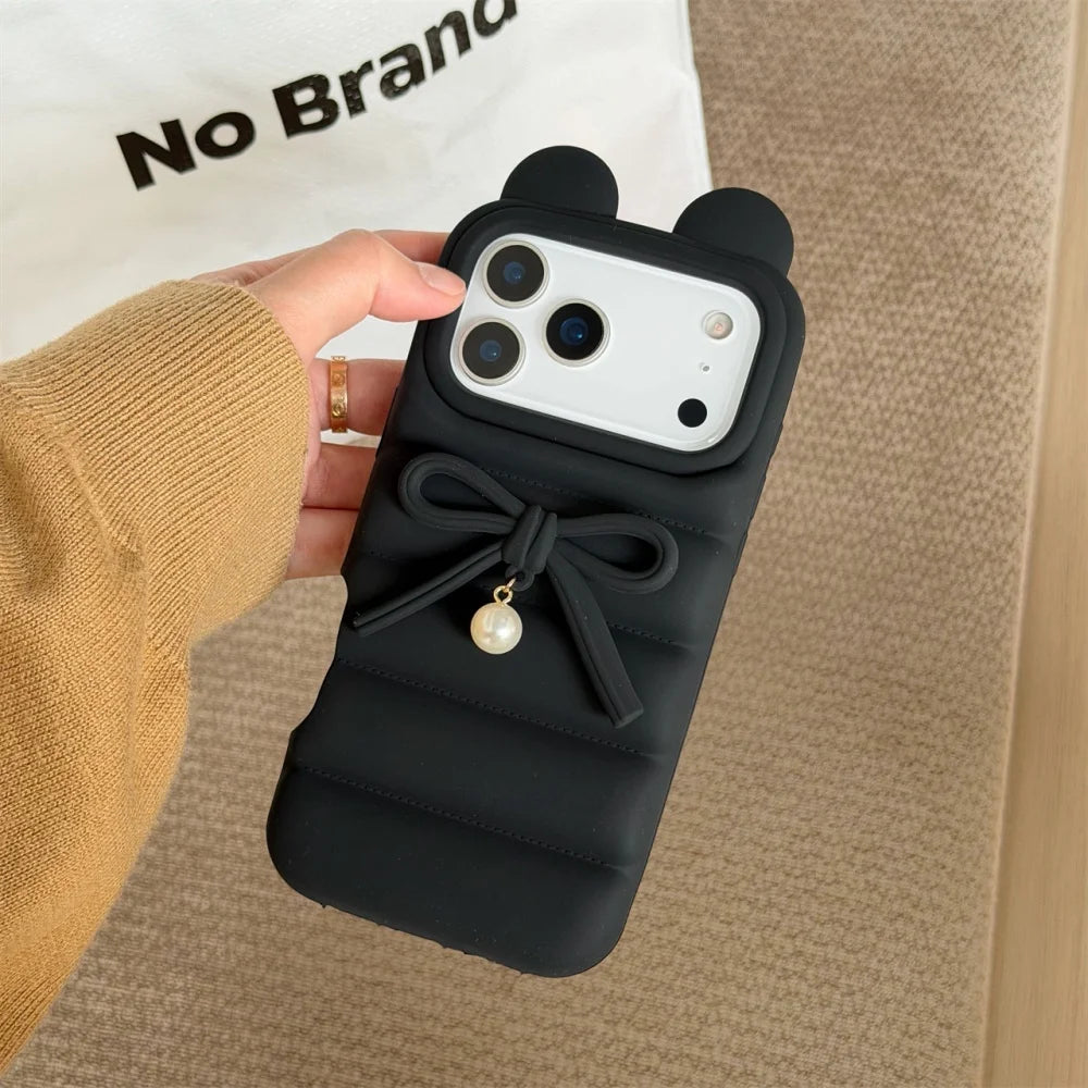 Cat Ear Down Jacket With Bowknot Pearl Pendant Phone Case