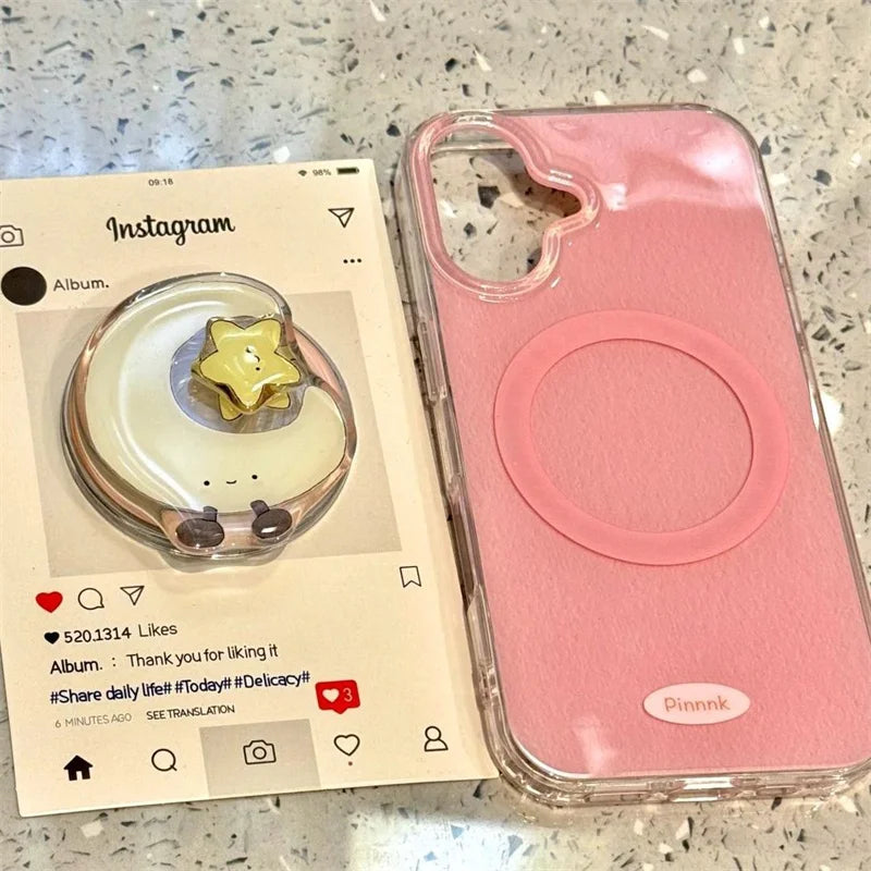 Pleated Pink Rotating Star & Moon Magnetic Bracket Phone Case