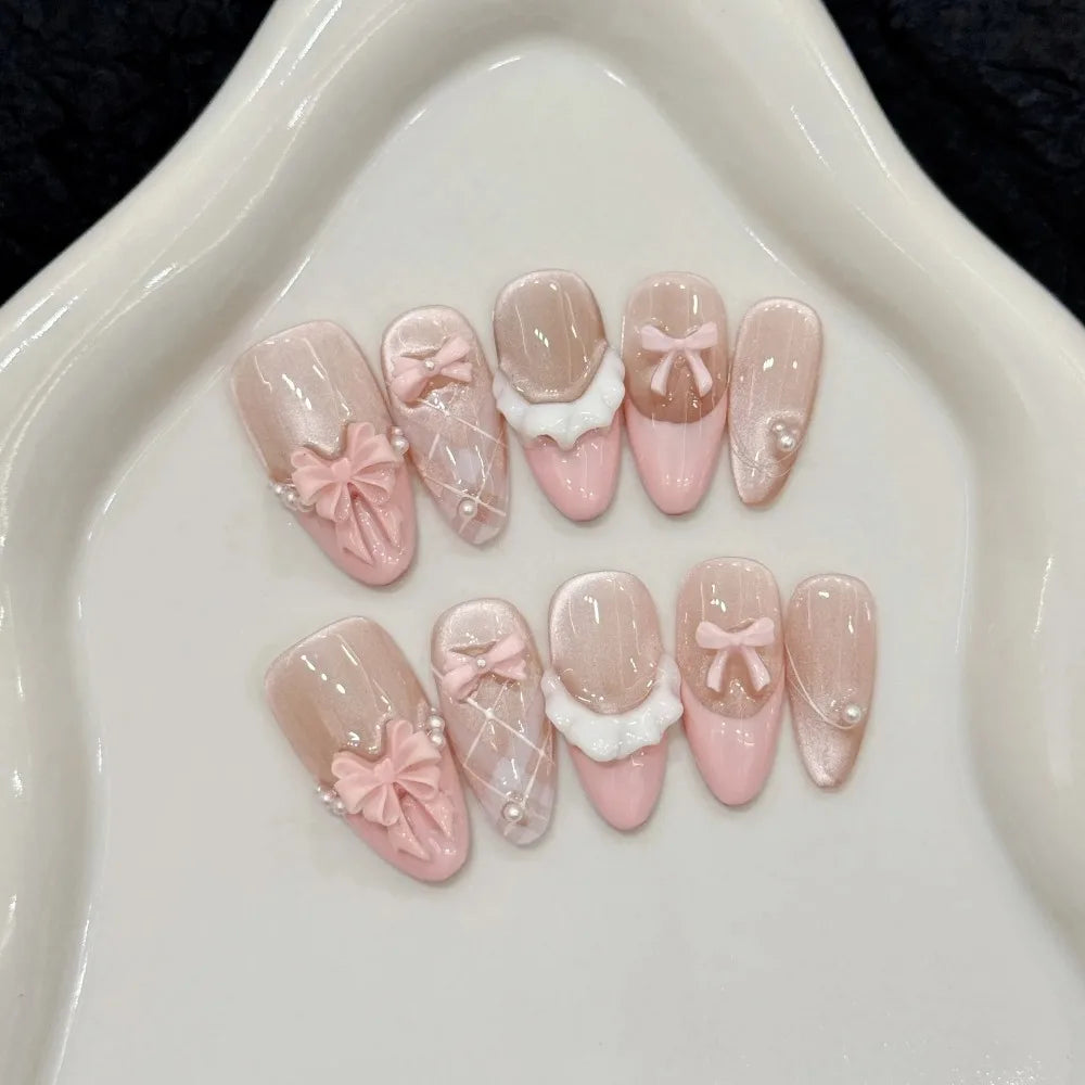 10pcs High Quality French Cat Eye Pink Bow Press on Nails