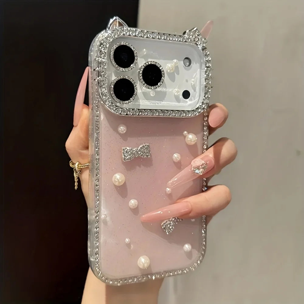 Luxury Rhinestone Cat Ears & 3D Bow Pearl Phone Case