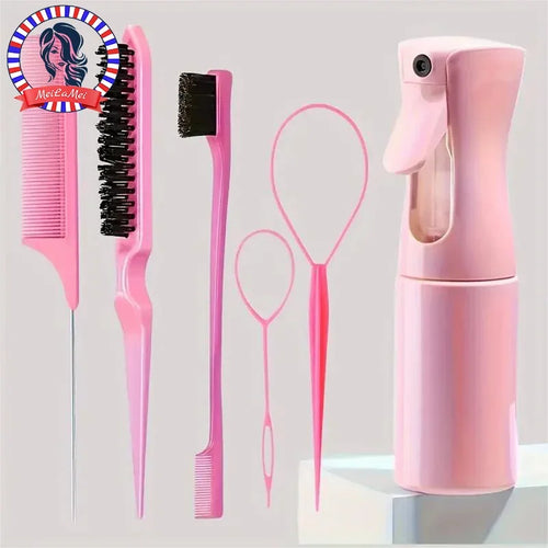 Set of pink hair care tools including a comb, brush, and spray bottle on a light gray background.