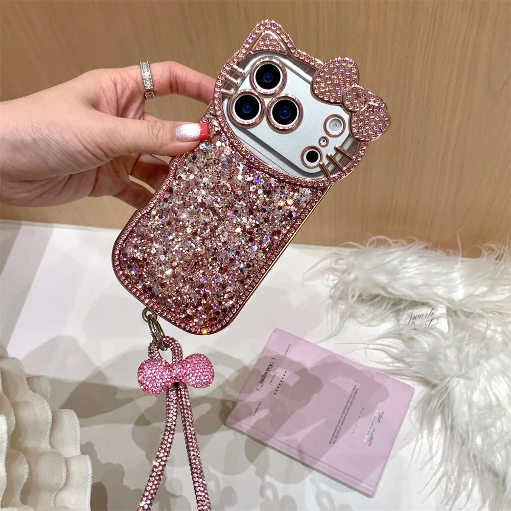 Hello Kitty 3D Pink Glitter Phone Case With Wrist Chain