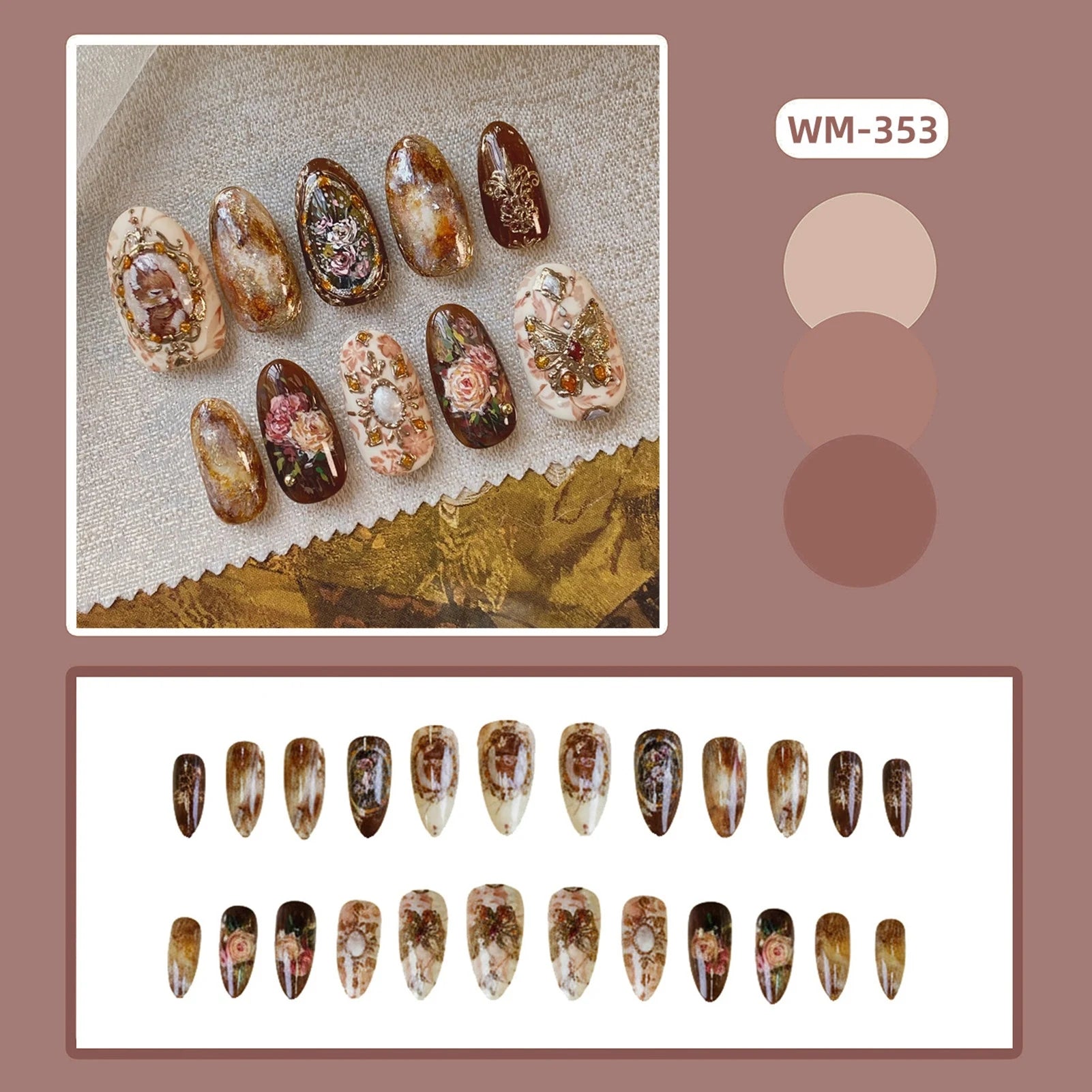 24pcs Amber Rose Floral Design Press on Nails
