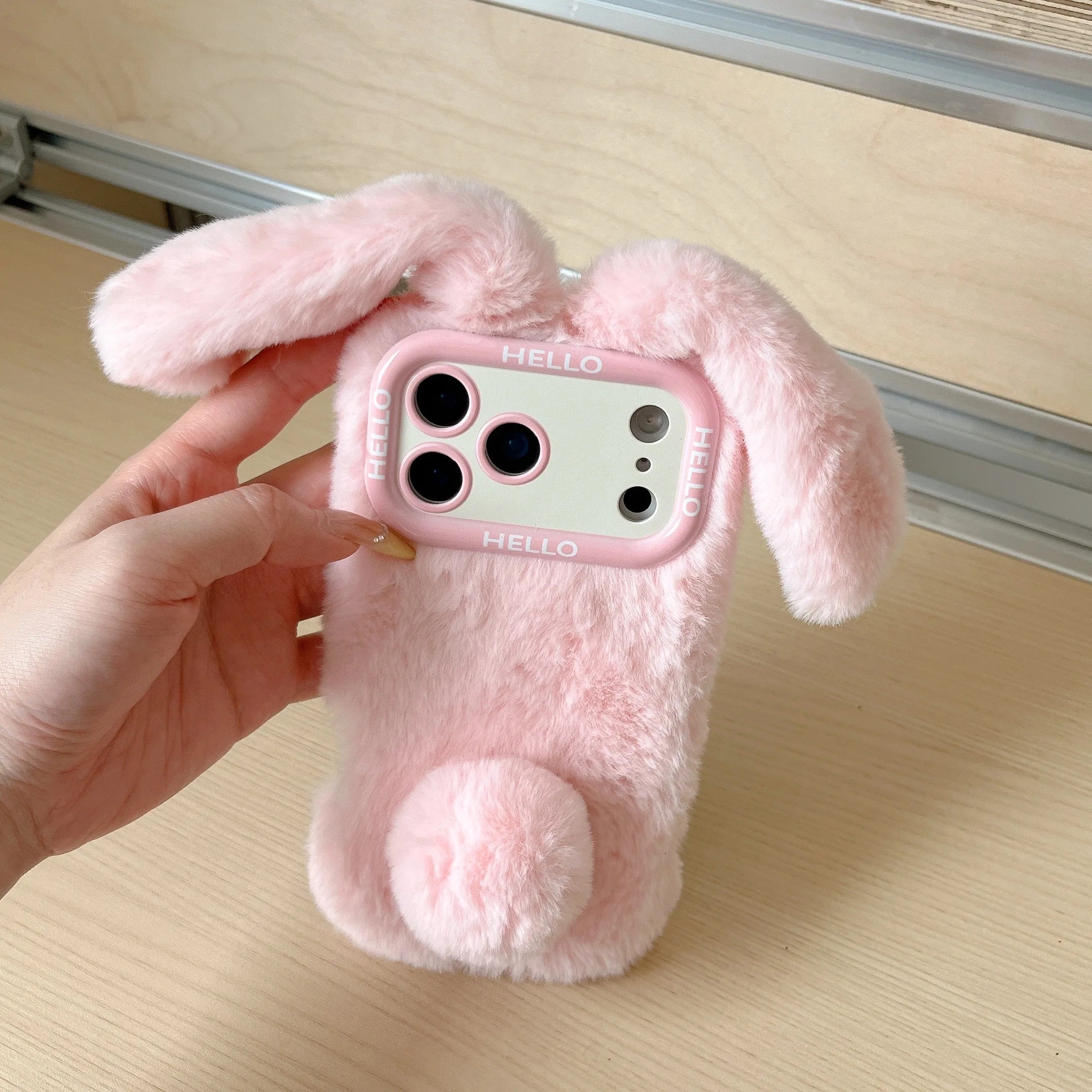 3D Fluffy Bunny Ears Phone Case With Lanyard