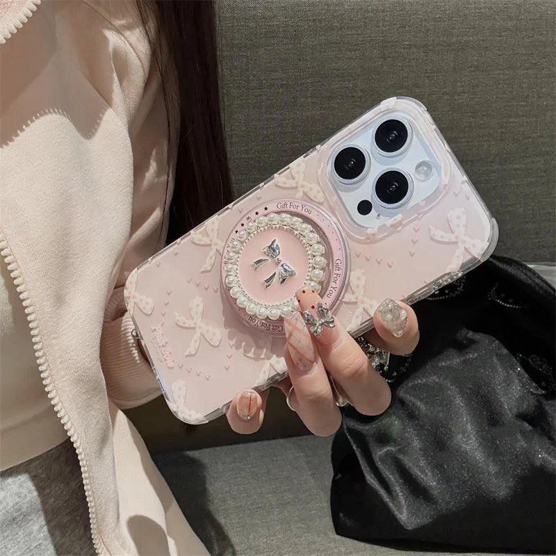 Magnetic Pearl Bowknot Stand Phone Case