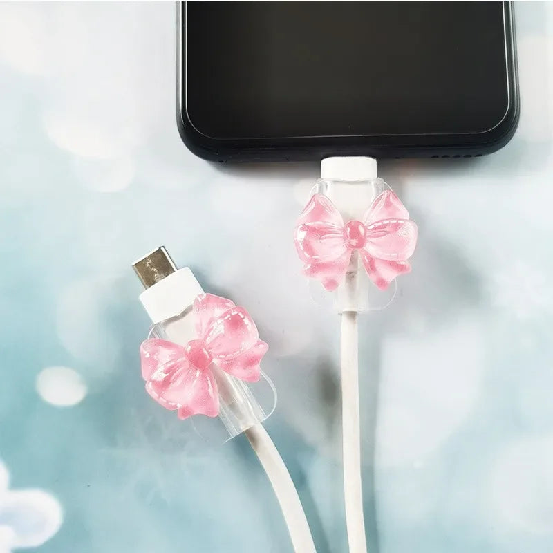 2Pcs Pink Bow Silicone Charger Cable Protector