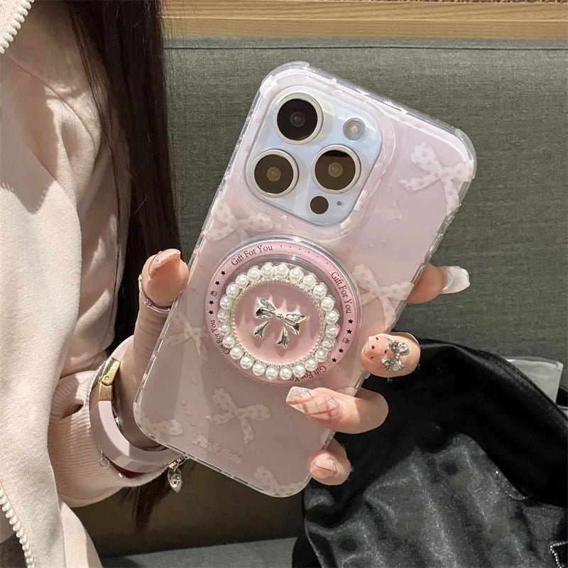 Magnetic Pearl Bowknot Stand Phone Case