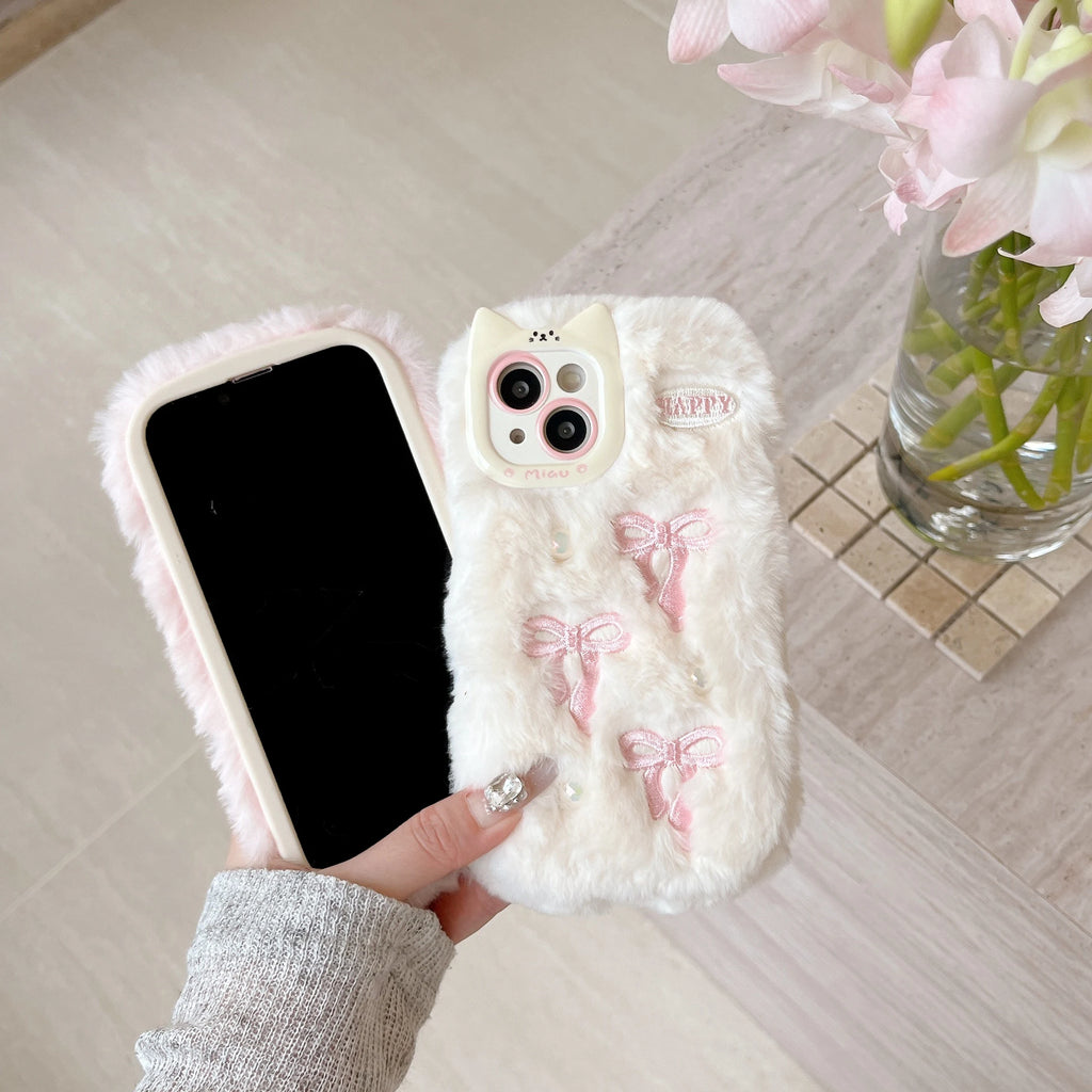 Fluffy 3D Bowknot Cat Ears with Pearls Phone Case