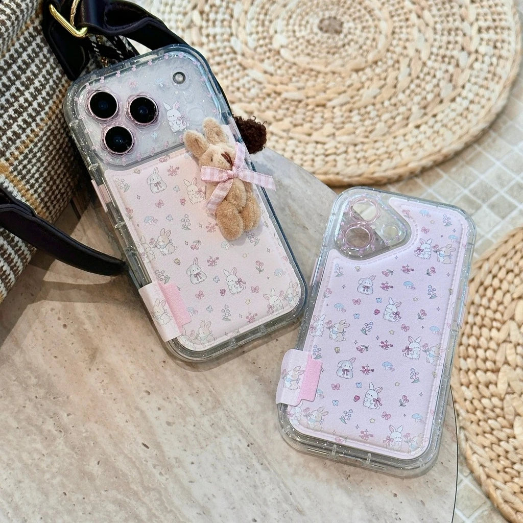Plush Rabbit & Flower Leather Phone Case