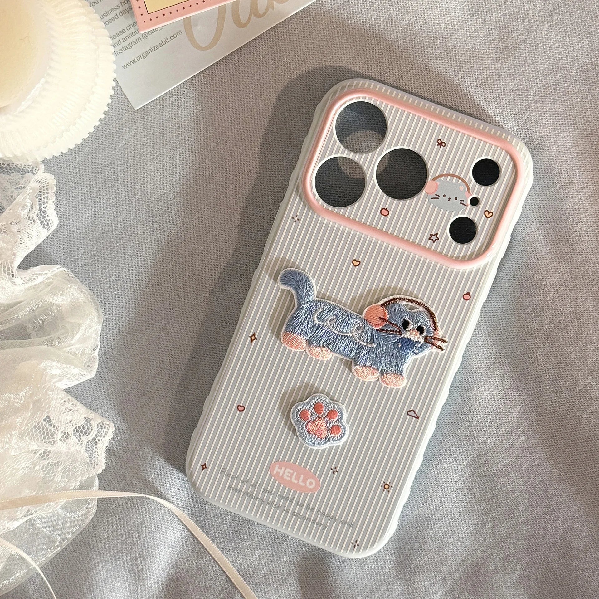 Cute Korean Cartoon Embroidery Kittens Striped Phone Case