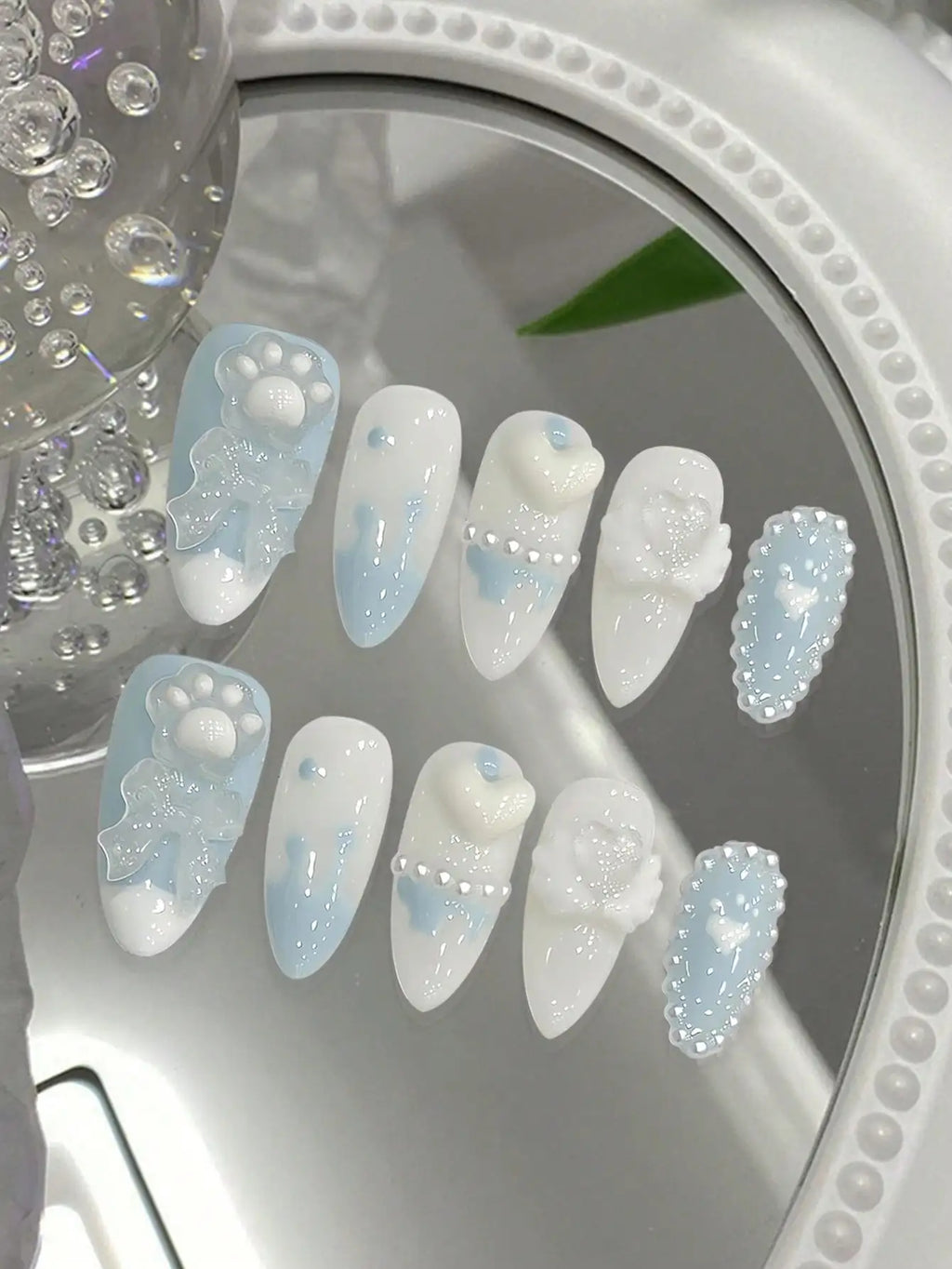 10pcs Cute Blue Bow & Cat Claw Press On Nails