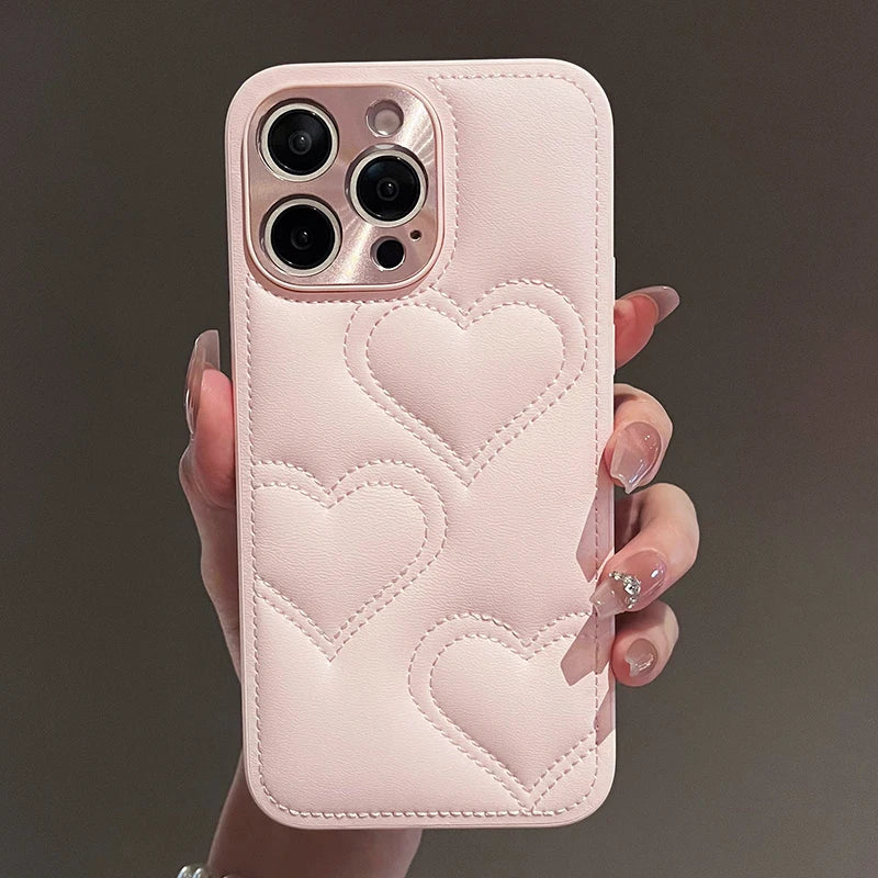 Luxury Heart Embroidered Leather Phone Case