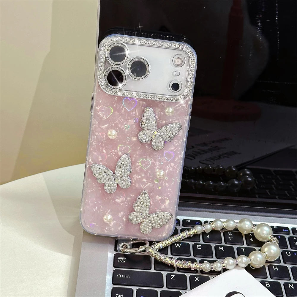 Rhinestone Butterfly Phone Case with Pearl Wrist Strap