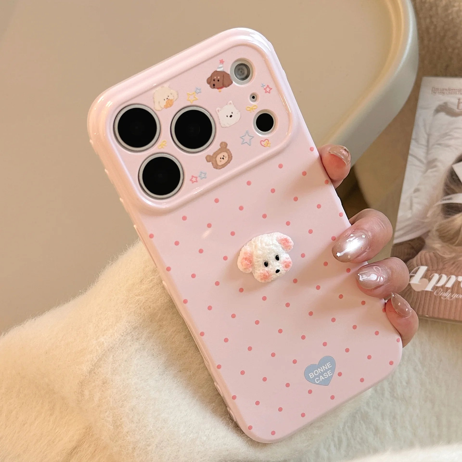 Korean Polka Dots with 3D Cartoon Puppy Phone Case