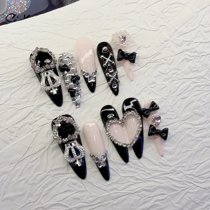 Heavy Metal Black Pink Long Almond Press on Nails