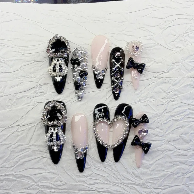 Heavy Metal Black Pink Long Almond Press on Nails