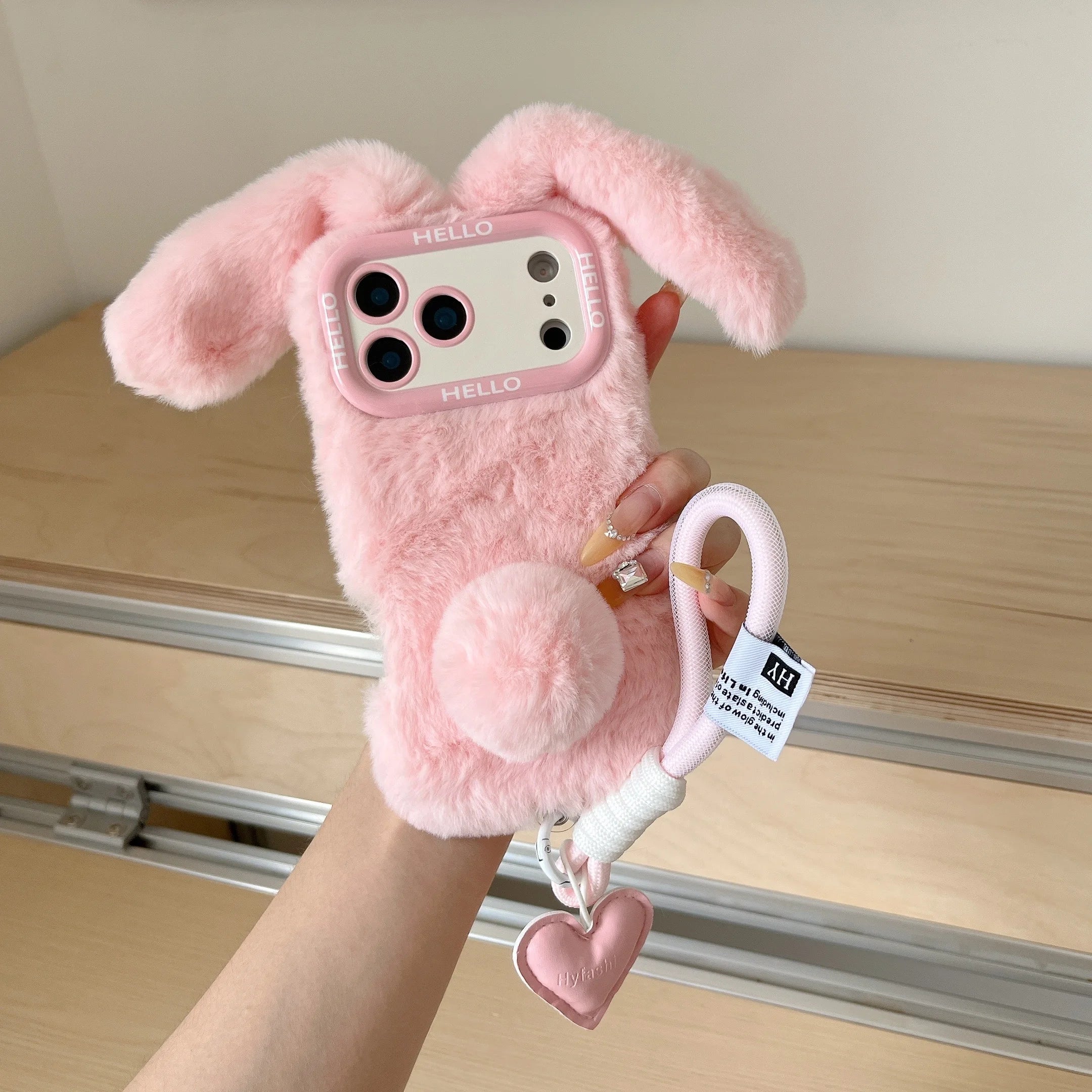3D Fluffy Bunny Ears Phone Case With Lanyard
