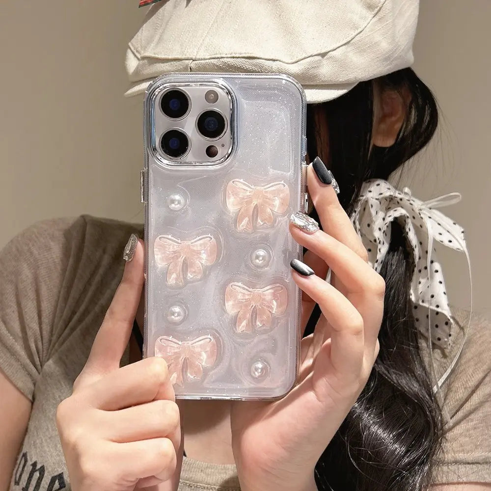 Cute Korean 3D Pink Bow & Pearl Clear Phone Case