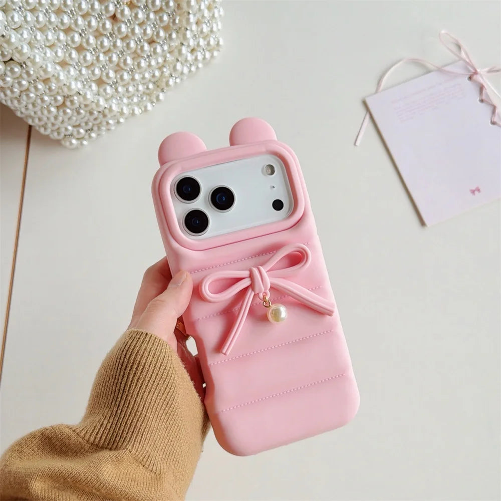 Cat Ear Down Jacket With Bowknot Pearl Pendant Phone Case