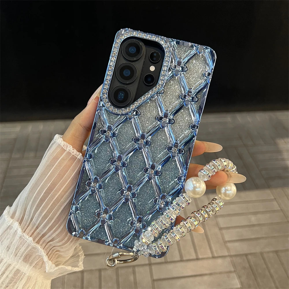 Samsung | Rhinestone Pattern Clear Case With Wrist Pearl Strap Bracelet