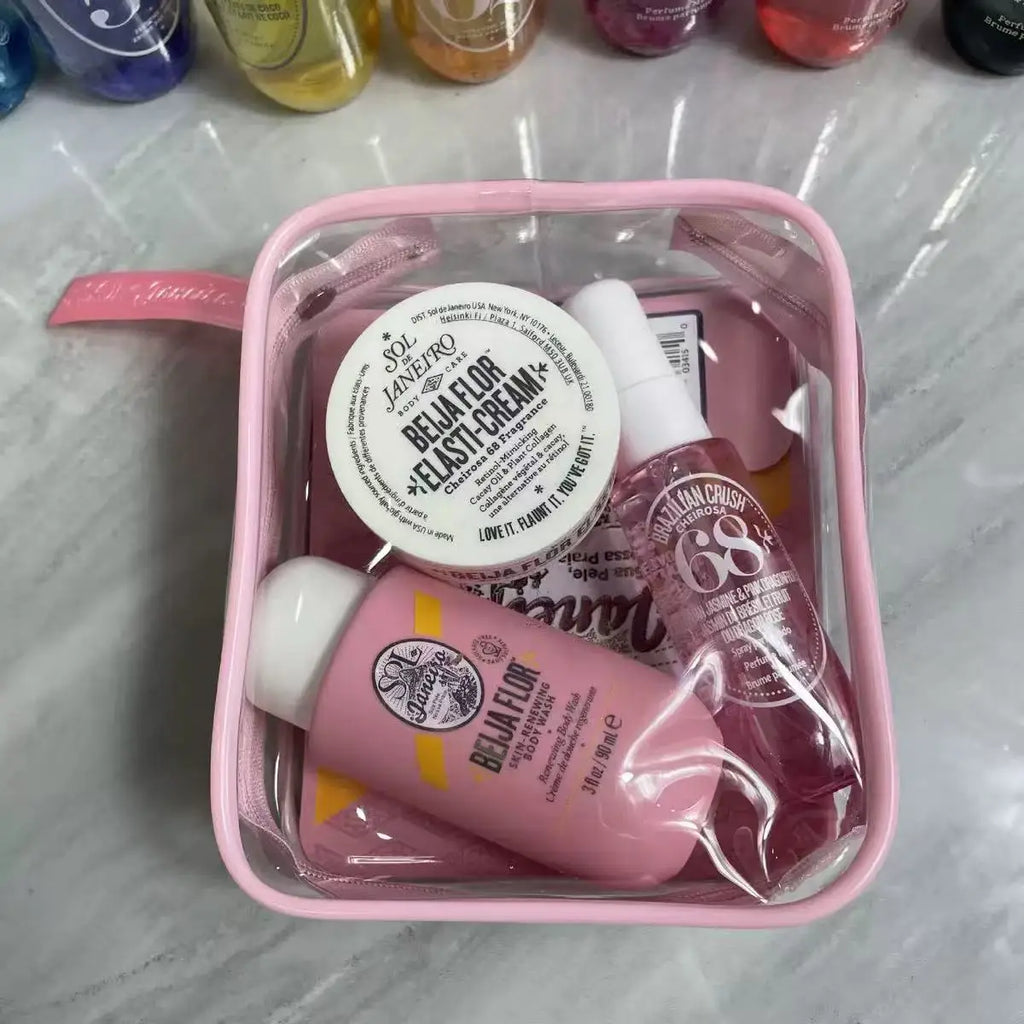 Sol De Janeiro Beija Flor 3-Piece Body Care Gift Set - Elasti-Cream, Body Wash & Cheirosa 68 Mist with Pink Pouch