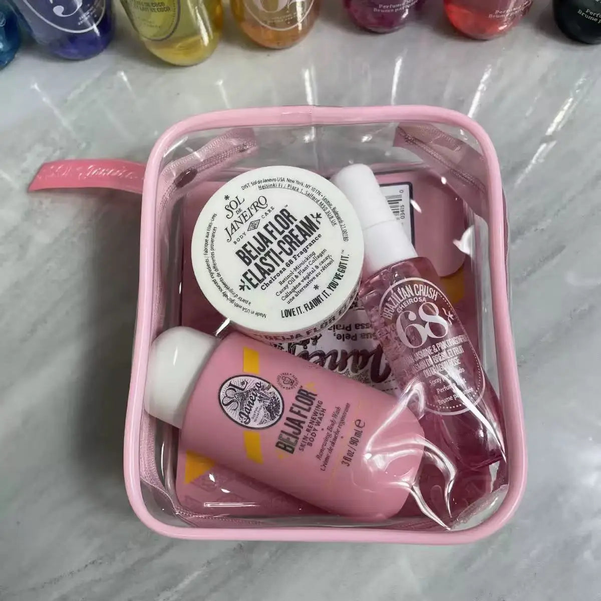 Sol De Janeiro Beija Flor 3-Piece Body Care Gift Set - Elasti-Cream, Body Wash & Cheirosa 68 Mist with Pink Pouch