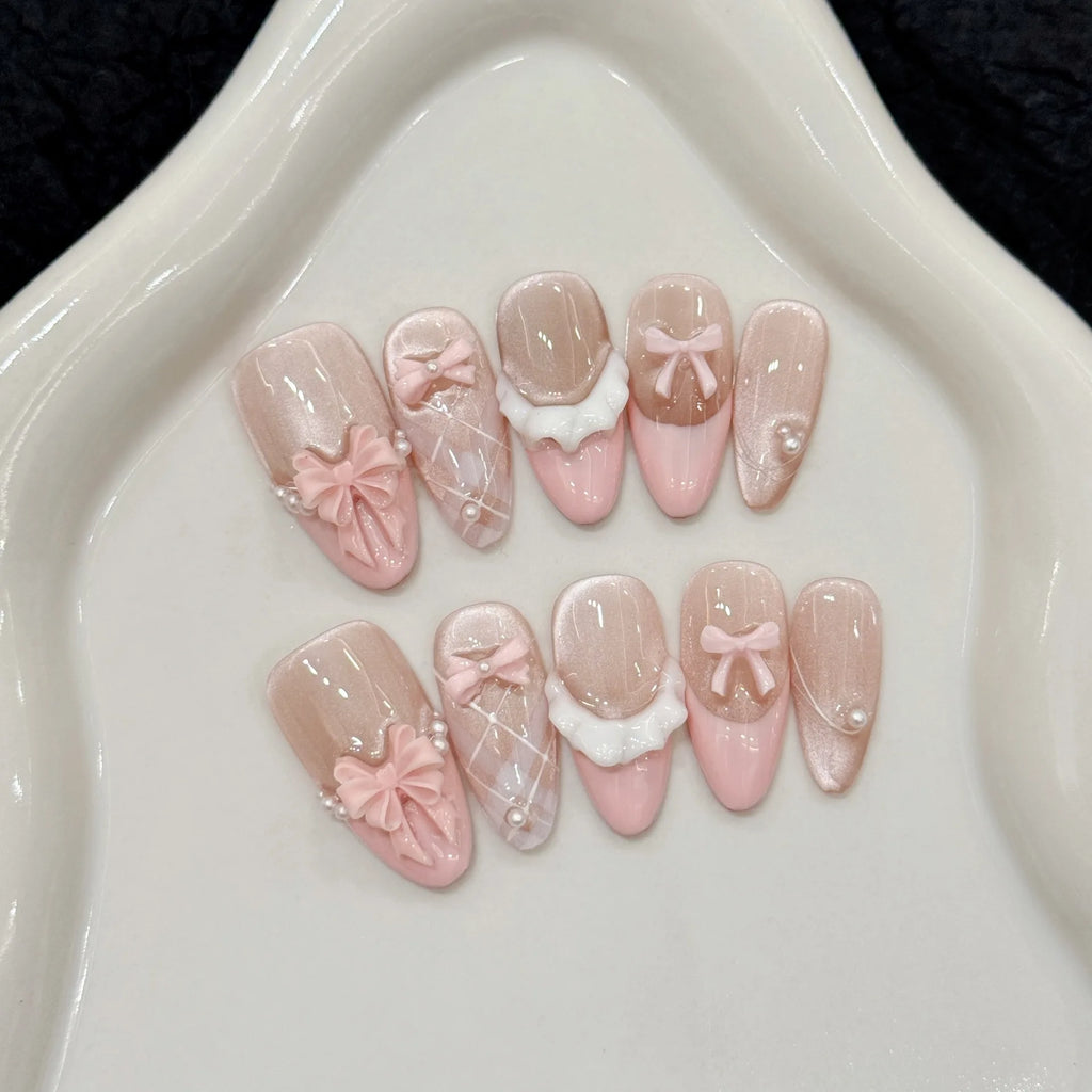 10pcs High Quality French Cat Eye Pink Bow Press on Nails