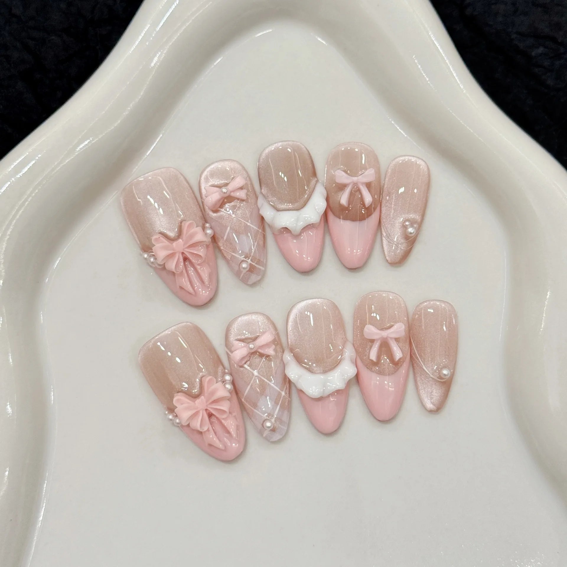 10pcs High Quality French Cat Eye Pink Bow Press on Nails