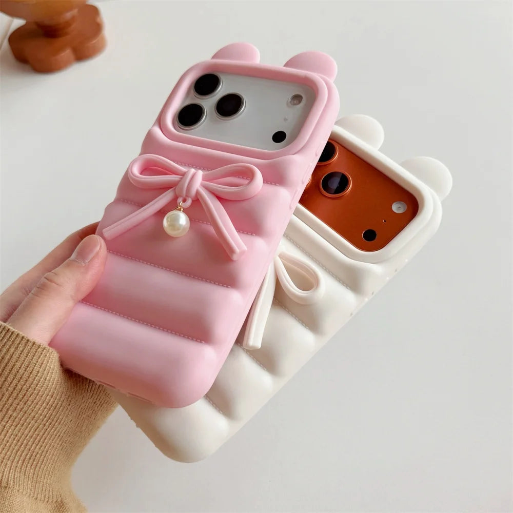 Cat Ear Down Jacket With Bowknot Pearl Pendant Phone Case