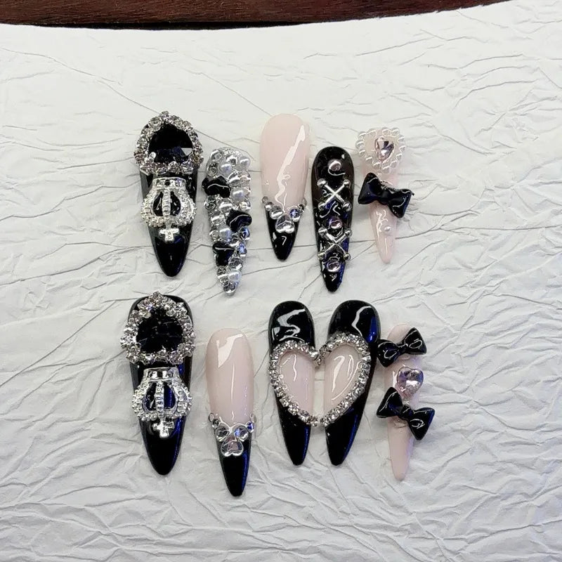 Heavy Metal Black Pink Long Almond Press on Nails