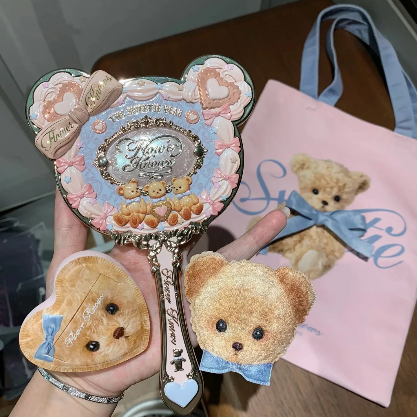 Pastel Pink & Blue Aesthetic Hand Mirror with Powder Puff And Canvas Tote Bag