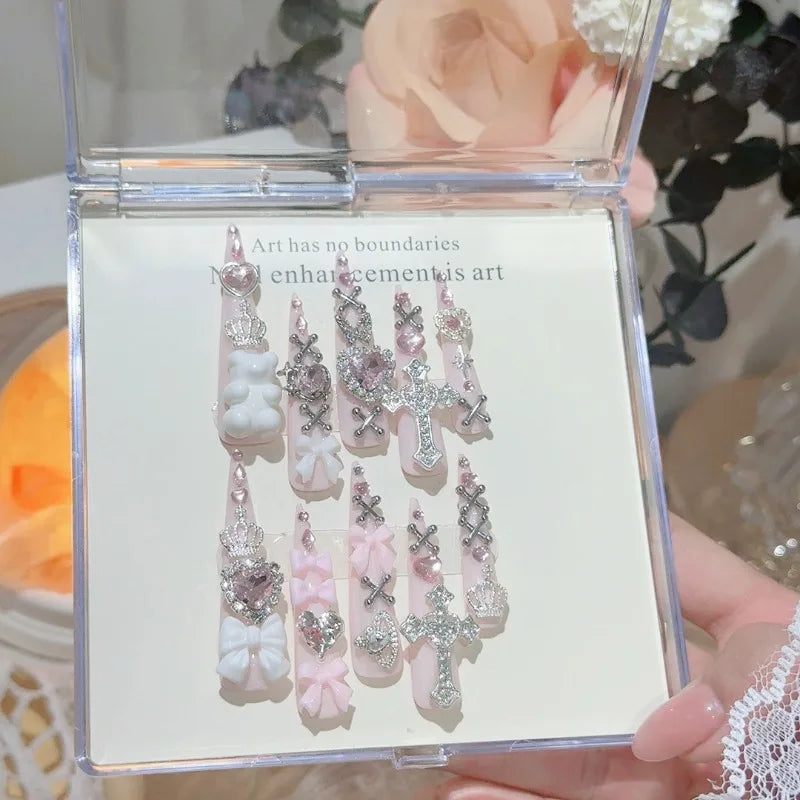 Pink Jirai Kei Gyaru Cute Long Press On Nails