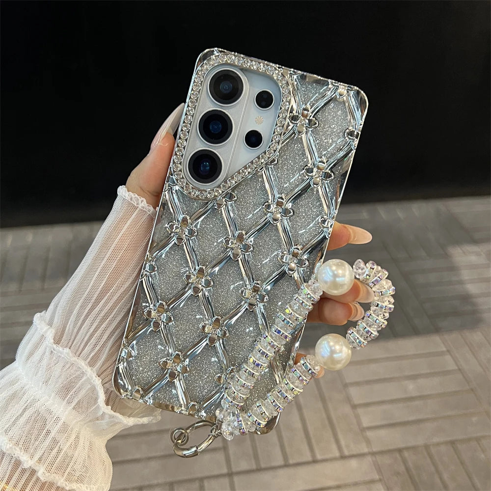 Samsung | Rhinestone Pattern Clear Case With Wrist Pearl Strap Bracelet