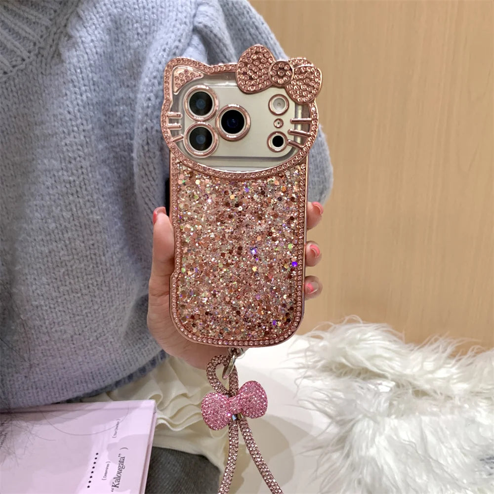 Hello Kitty 3D Pink Glitter Phone Case With Wrist Chain