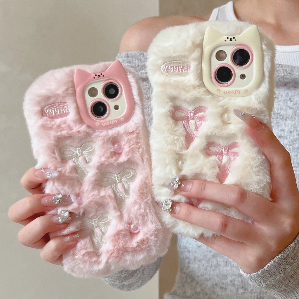Fluffy 3D Bowknot Cat Ears with Pearls Phone Case