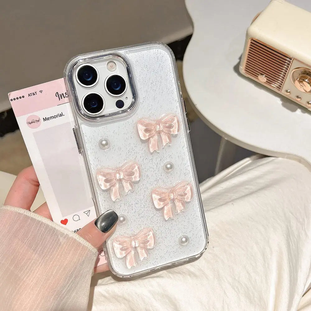 Cute Korean 3D Pink Bow & Pearl Clear Phone Case