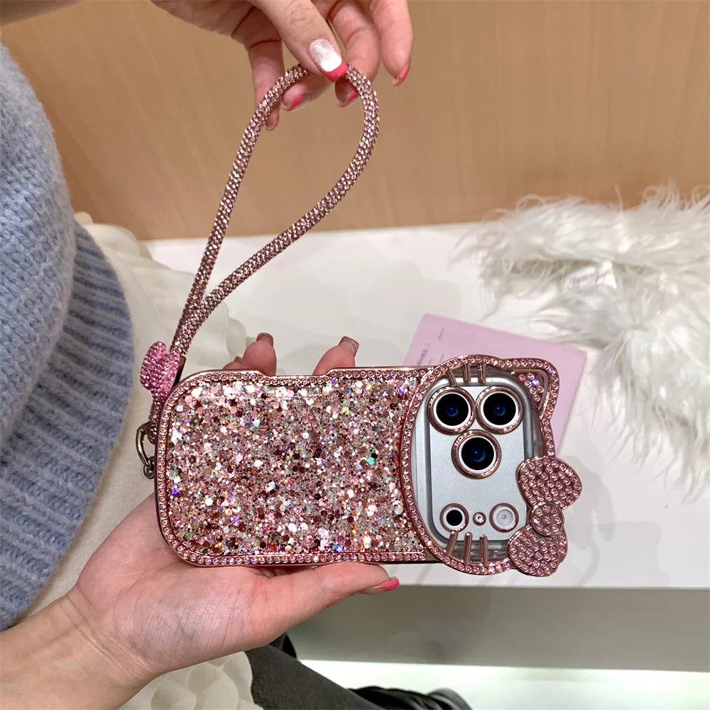 Hello Kitty 3D Pink Glitter Phone Case With Wrist Chain