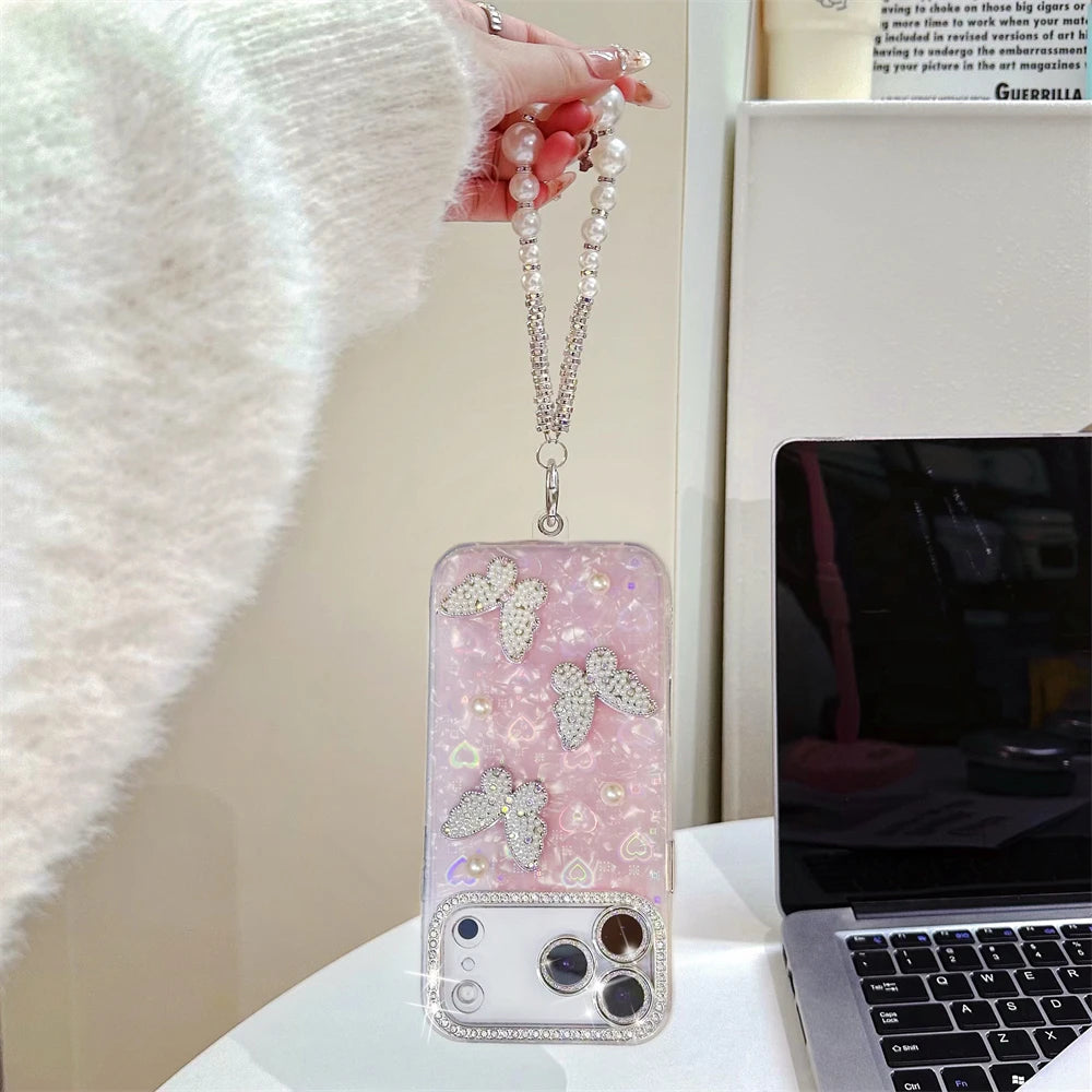 Rhinestone Butterfly Phone Case with Pearl Wrist Strap