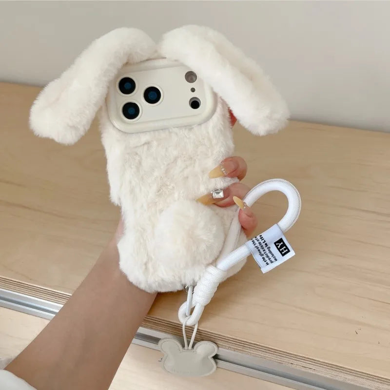 3D Fluffy Bunny Ears Phone Case With Lanyard