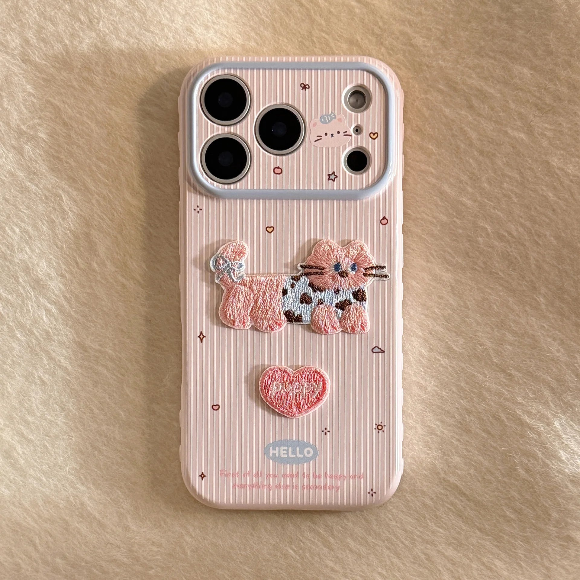 Cute Korean Cartoon Embroidery Kittens Striped Phone Case