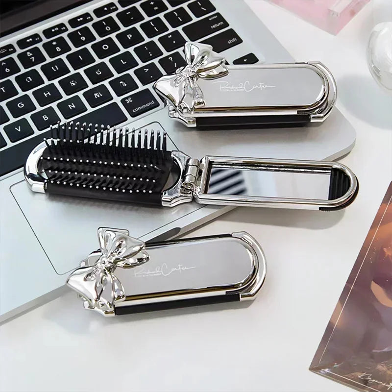 New Sliver Bow Folding Combs with Mirror Air Cushion Comb Diamond Bling Rhinestone Hair Brush Makeup Tool Cosmetic Travel Pocket