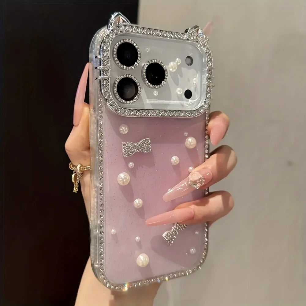 Luxury Rhinestone Cat Ears & 3D Bow Pearl Phone Case