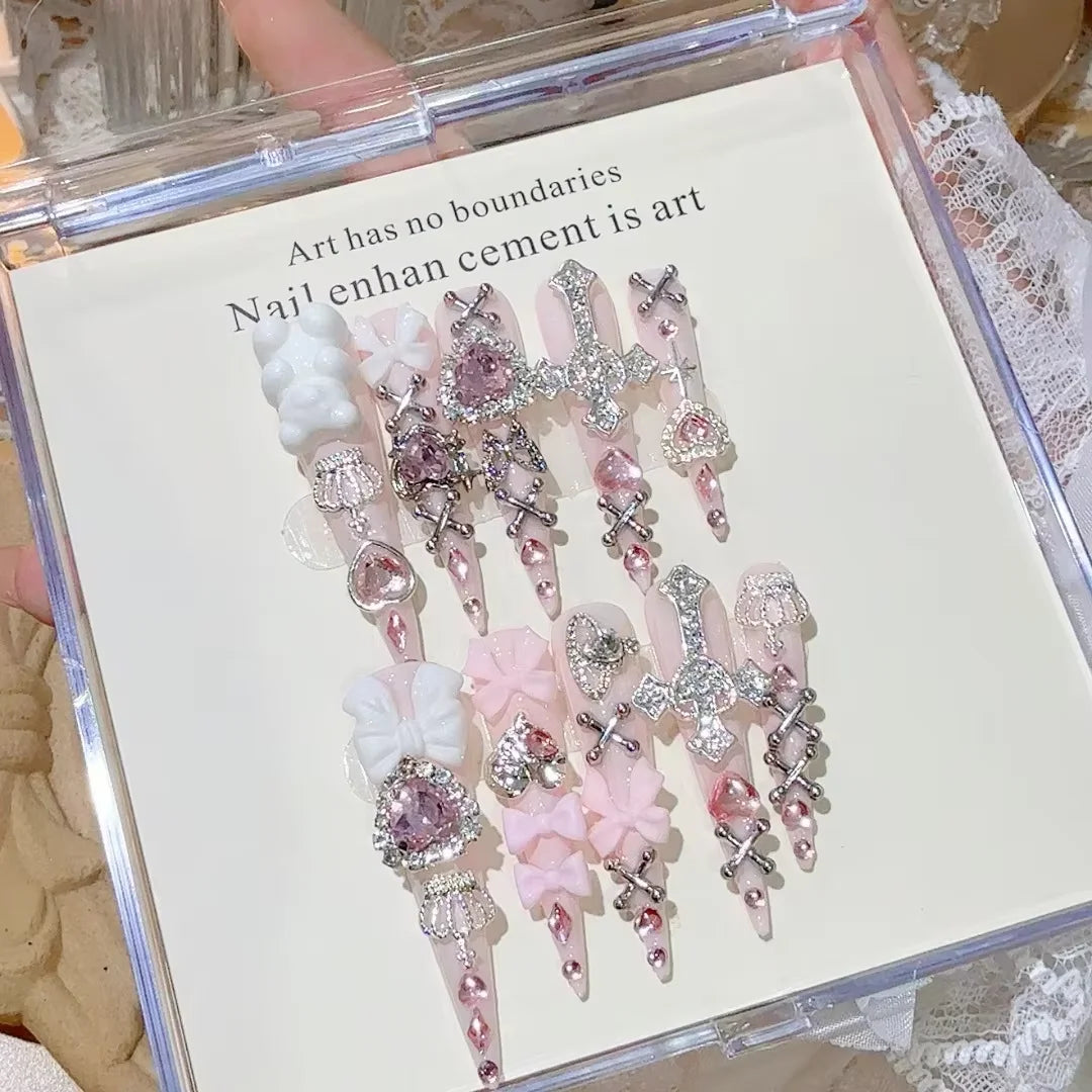 Pink Jirai Kei Gyaru Cute Long Press On Nails